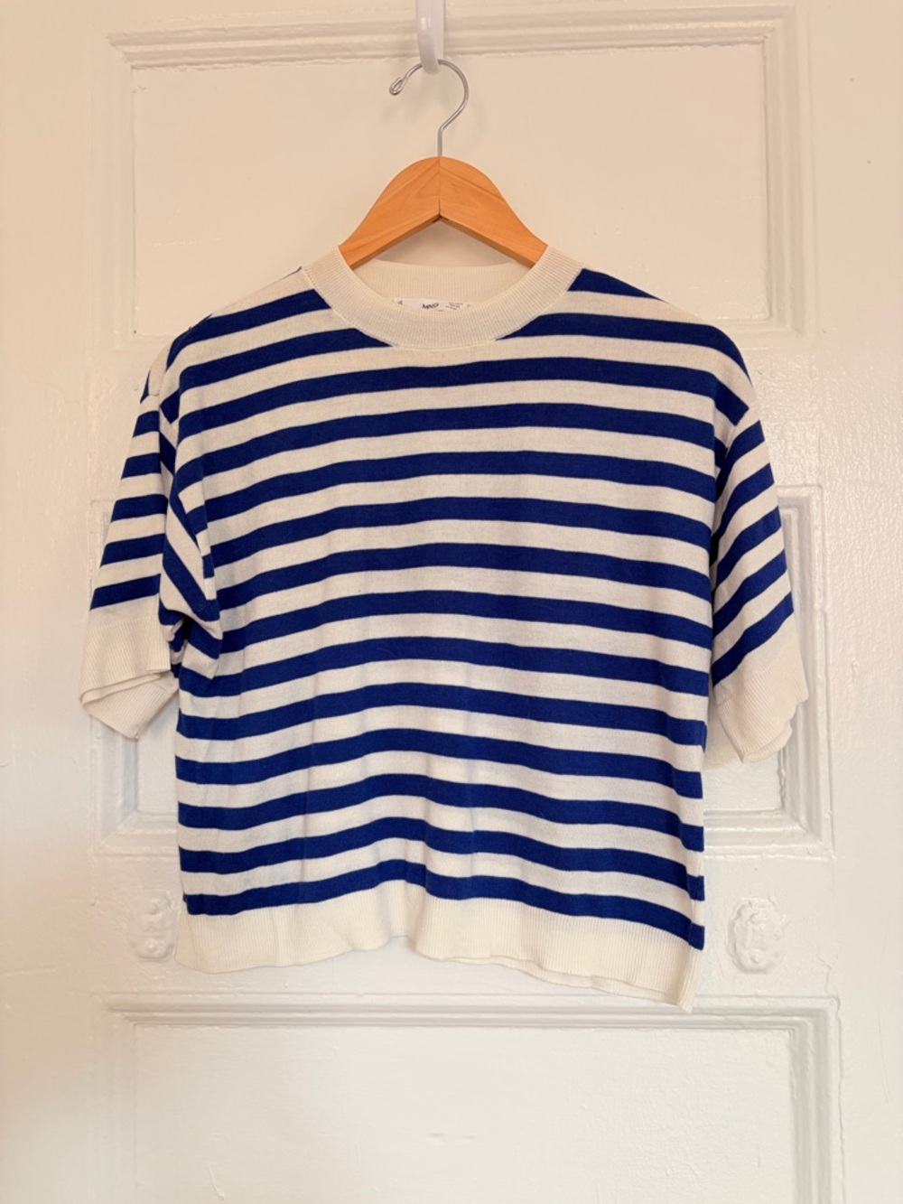 MANGO Blue and White Striped Short Sleeve Sweater